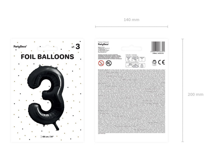 Black Number 3 Balloon 86cm / 34" - Large Matt Black Foil Mylar Digit - 30th Birthday Balloon - 3rd - Anniversary Party Supplies - Jolie Fete UK