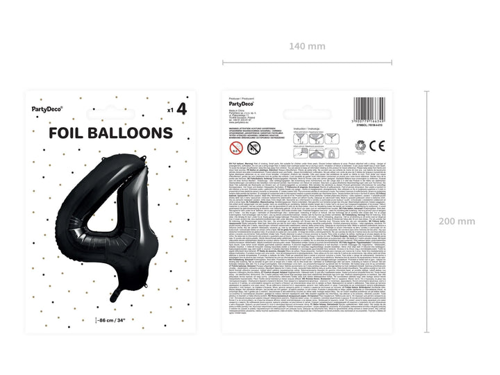 Black Number 4 Balloon 86cm / 34" - Large Matt Black Foil Mylar Digit - 40th Birthday Balloon - 4th - Anniversary Party Supplies - Jolie Fete UK