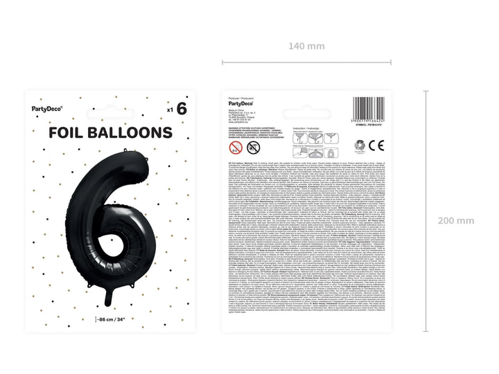 Black Number 6 Balloon 86cm / 34" - Large Matt Black Foil Mylar Digit - 60th Birthday Balloon - 6th - Anniversary Party Supplies - Jolie Fete UK