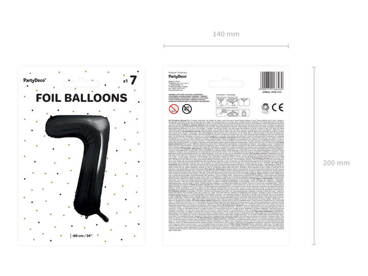 Black Number 7 Balloon 86cm / 34" - Large Matt Black Foil Mylar Digit - 70th Birthday Balloon - 7th - Anniversary Party Supplies - Jolie Fete UK
