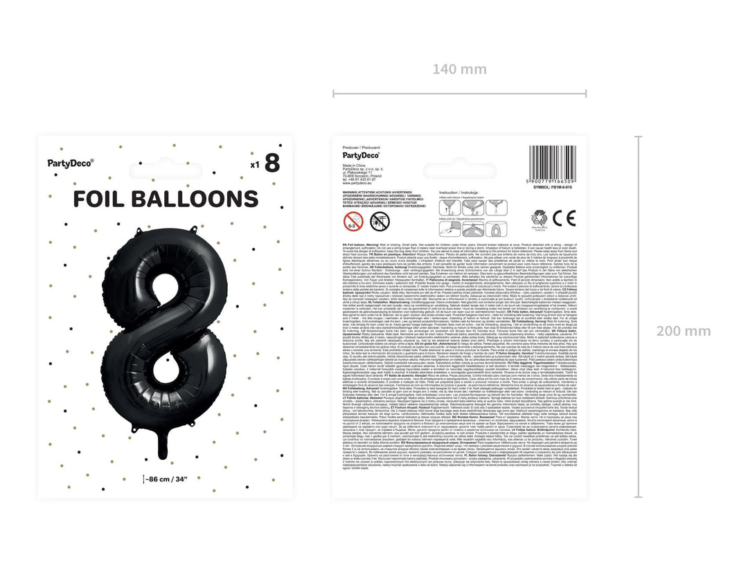 Black Number 8 Balloon 86cm / 34" - Large Matt Black Foil Mylar Digit - 80th Birthday Balloon - 8th - Anniversary Party Supplies - Jolie Fete UK