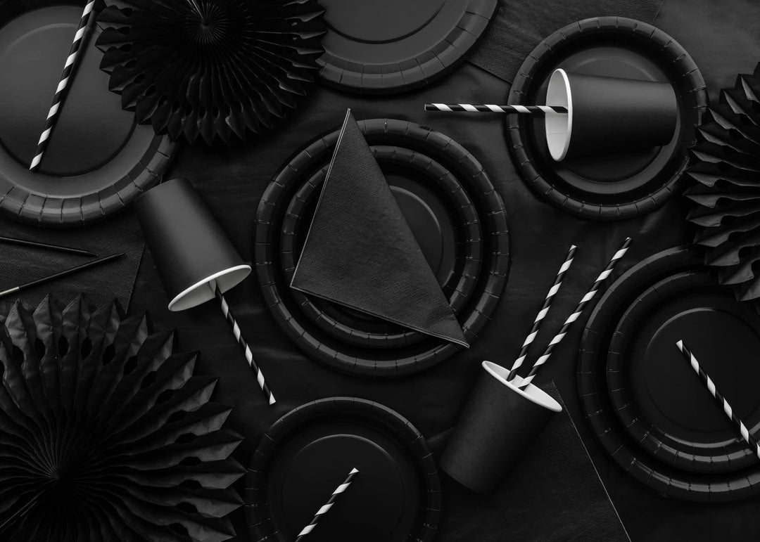 Black Paper Plates 23cm - Black Party Plates - Pirate Birthday Party Tableware - Halloween Treats Plates - Pack of 6 - Jolie Fete UK