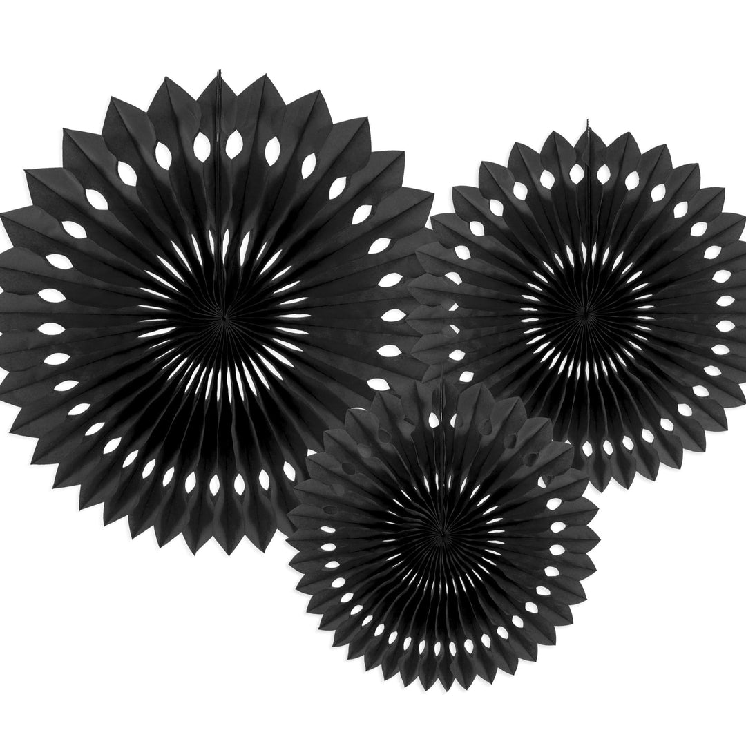 Black Tissue Paper Rosettes - Black Birthday Party Fan Decorations - Party Wall Decorations - Hanging Decorations - Pack Of 3 - Jolie Fete UK