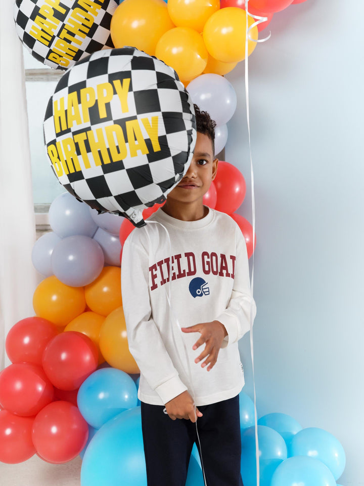 Happy Birthday Foil Balloon - Black & White Checkered Balloon - Racing Car Party Balloon - Formula 1 Party - Helium Or Air Inflation - 18" - Jolie Fete UK