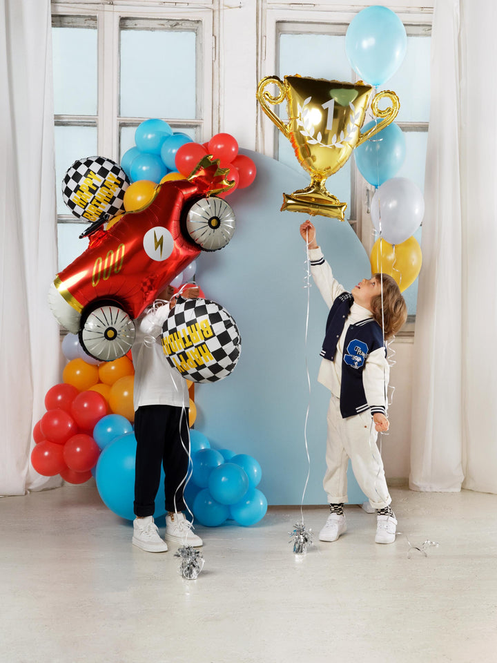 Happy Birthday Foil Balloon - Black & White Checkered Balloon - Racing Car Party Balloon - Formula 1 Party - Helium Or Air Inflation - 18" - Jolie Fete UK