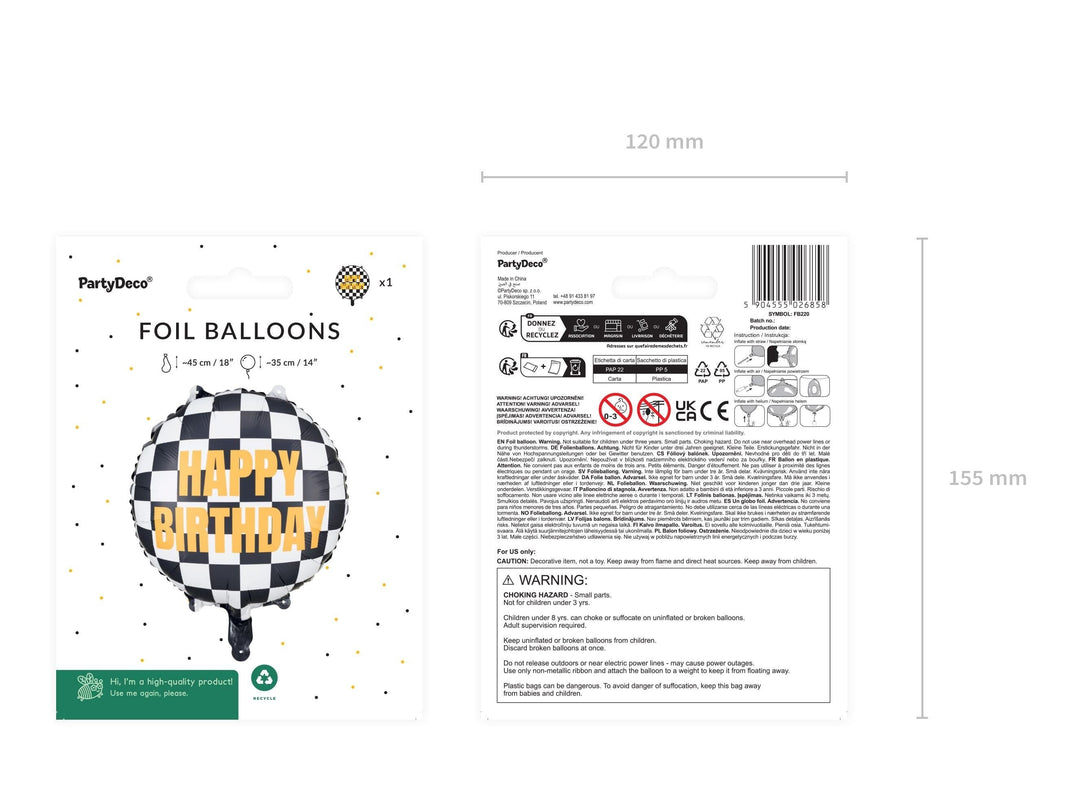 Happy Birthday Foil Balloon - Black & White Checkered Balloon - Racing Car Party Balloon - Formula 1 Party - Helium Or Air Inflation - 18" - Jolie Fete UK
