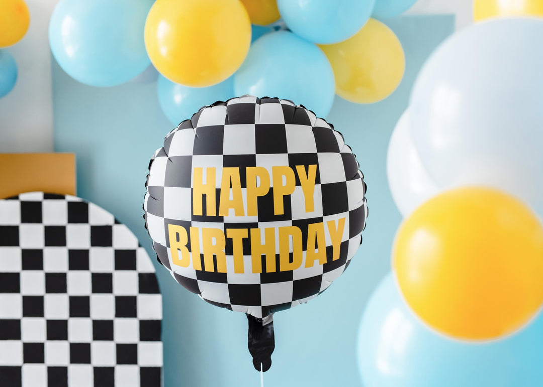 Happy Birthday Foil Balloon - Black & White Checkered Balloon - Racing Car Party Balloon - Formula 1 Party - Helium Or Air Inflation - 18" - Jolie Fete UK