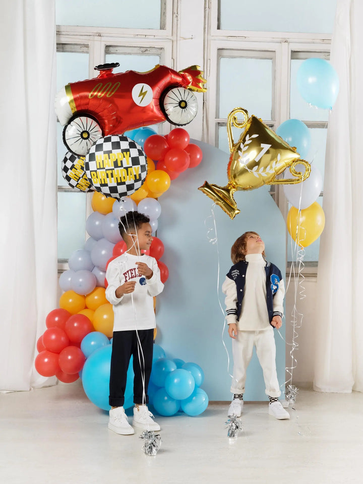 Happy Birthday Foil Balloon - Black & White Checkered Balloon - Racing Car Party Balloon - Formula 1 Party - Helium Or Air Inflation - 18" - Jolie Fete UK