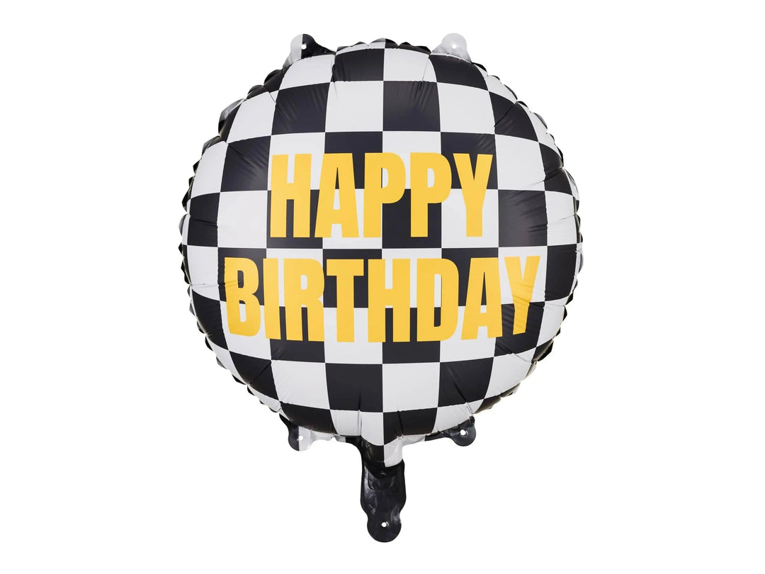 Happy Birthday Foil Balloon - Black & White Checkered Balloon - Racing Car Party Balloon - Formula 1 Party - Helium Or Air Inflation - 18" - Jolie Fete UK