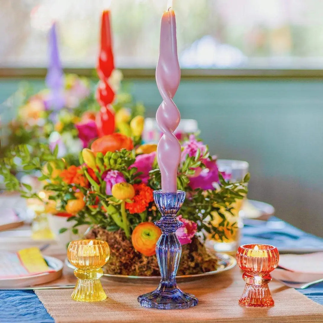 Blue Glass Candle Holder - Dinner Candlestick Holder - Party Table Decorations - Boho Style - Jolie Fete UK