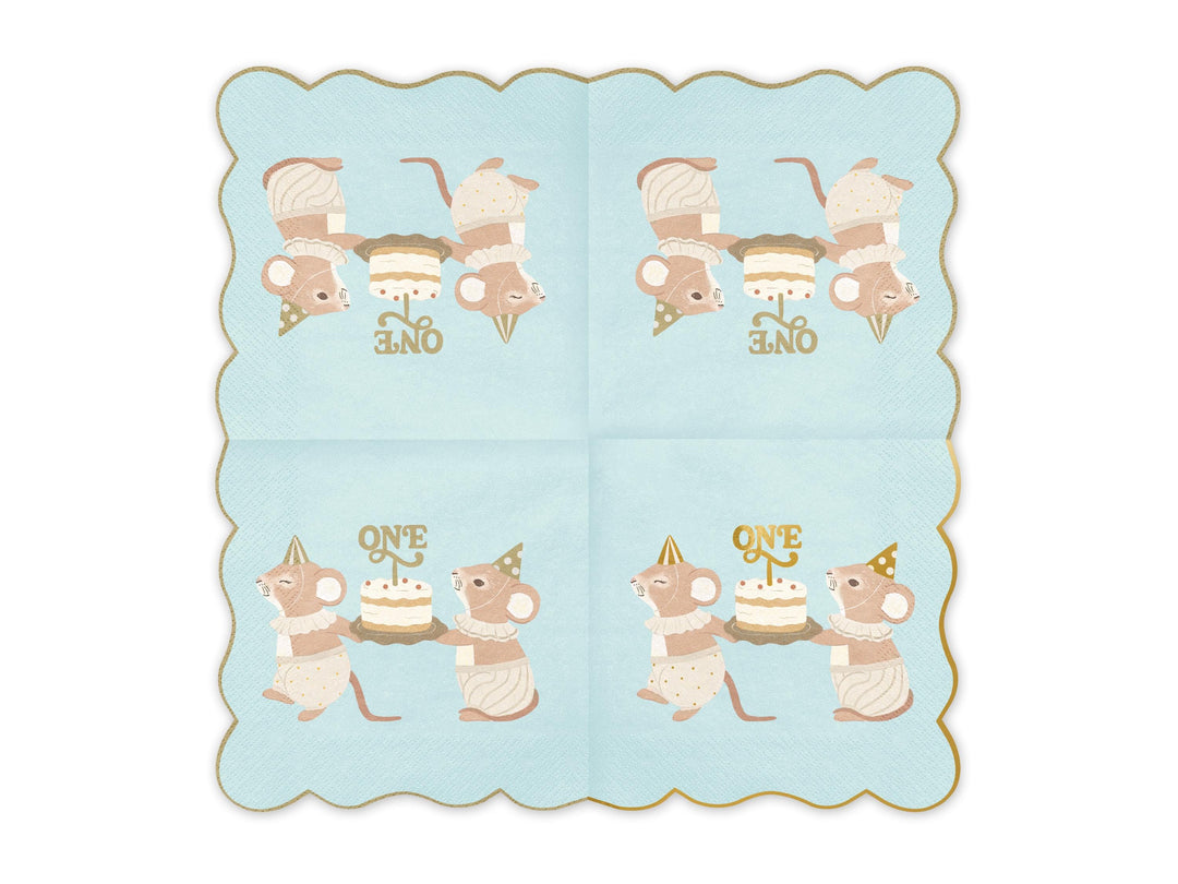 Blue One Mouse Paper Napkins - Boys 1st Birthday Party Tableware - Storybook Mouse Luncheon Napkins - Neutral Toddler Decor - Pack Of 12 - Jolie Fete UK