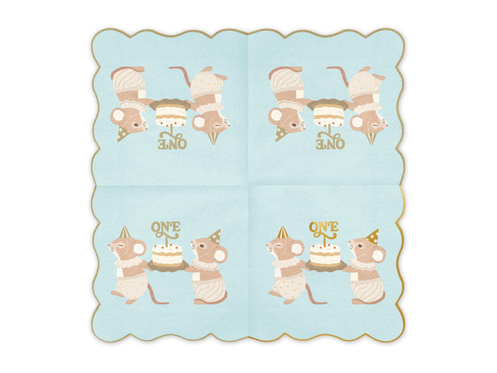 Blue One Mouse Paper Napkins - Boys 1st Birthday Party Tableware - Storybook Mouse Luncheon Napkins - Neutral Toddler Decor - Pack Of 12 - Jolie Fete UK
