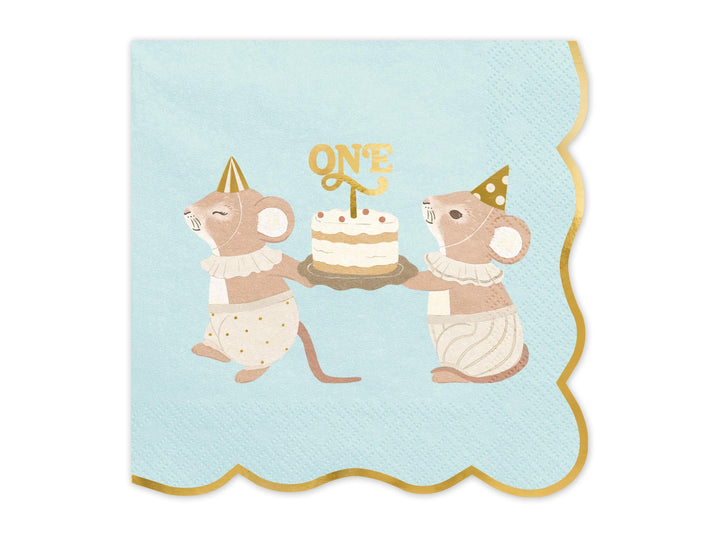 Blue One Mouse Paper Napkins - Boys 1st Birthday Party Tableware - Storybook Mouse Luncheon Napkins - Neutral Toddler Decor - Pack Of 12 - Jolie Fete UK