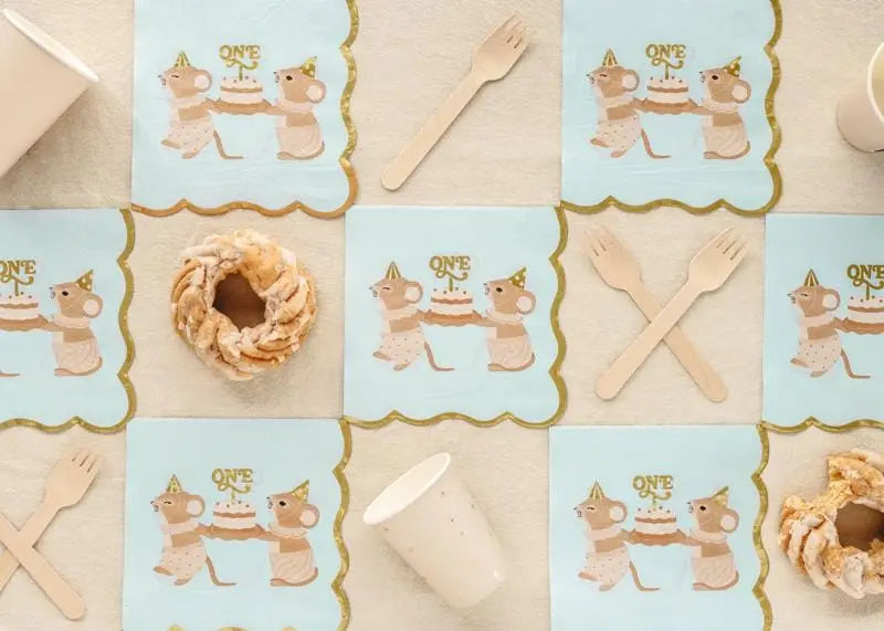 Blue One Mouse Paper Napkins - Boys 1st Birthday Party Tableware - Storybook Mouse Luncheon Napkins - Neutral Toddler Decor - Pack Of 12 - Jolie Fete UK
