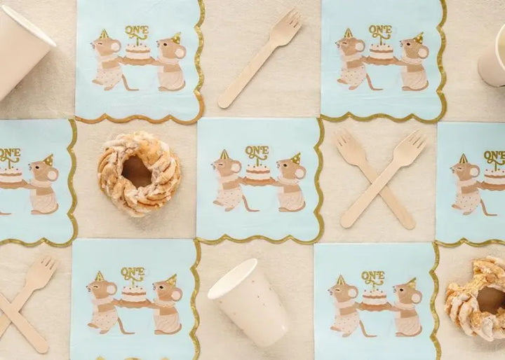 Blue One Mouse Paper Napkins - Boys 1st Birthday Party Tableware - Storybook Mouse Luncheon Napkins - Neutral Toddler Decor - Pack Of 12 - Jolie Fete UK