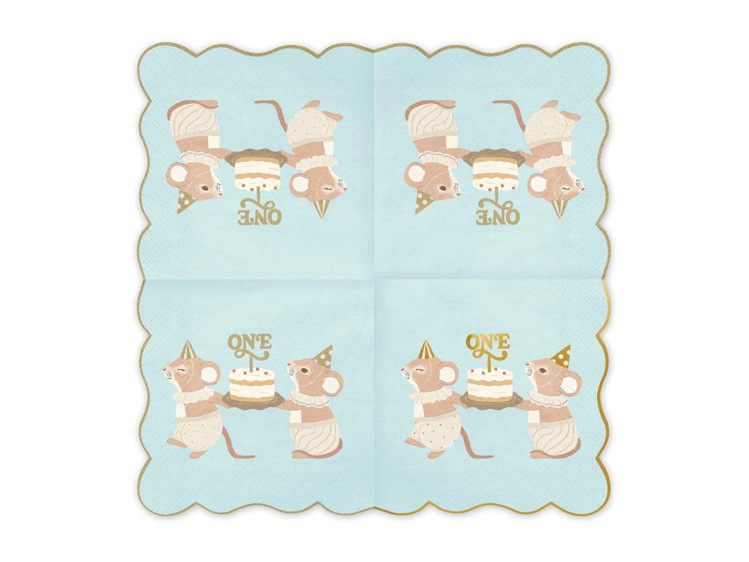 Blue One Mouse Paper Napkins - Boys 1st Birthday Party Tableware - Storybook Mouse Luncheon Napkins - Neutral Toddler Decor - Pack Of 12 - Jolie Fete UK
