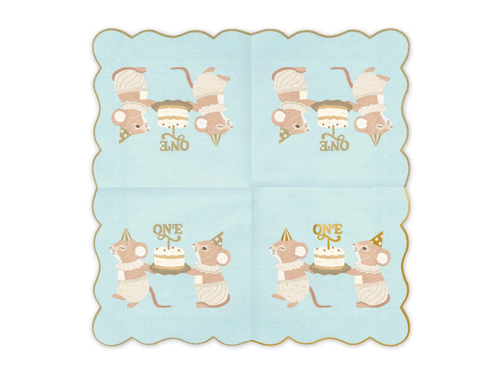 Blue One Mouse Paper Napkins - Boys 1st Birthday Party Tableware - Storybook Mouse Luncheon Napkins - Neutral Toddler Decor - Pack Of 12 - Jolie Fete UK