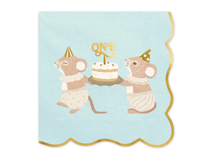 Blue One Mouse Paper Napkins - Boys 1st Birthday Party Tableware - Storybook Mouse Luncheon Napkins - Neutral Toddler Decor - Pack Of 12 - Jolie Fete UK
