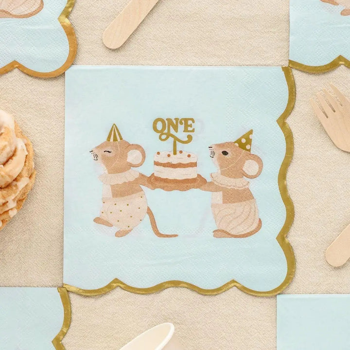 Blue One Mouse Paper Napkins - Boys 1st Birthday Party Tableware - Storybook Mouse Luncheon Napkins - Neutral Toddler Decor - Pack Of 12 - Jolie Fete UK