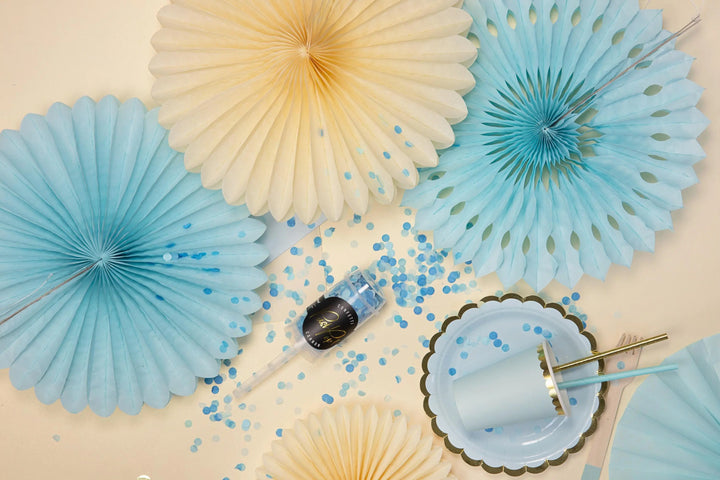 Blue Tissue Paper Rosettes - Blue Birthday Party Fan Decorations - Party Wall Decorations - Hanging Decorations - Pack Of 3 - Jolie Fete UK