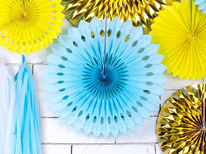 Blue Tissue Paper Rosettes - Blue Birthday Party Fan Decorations - Party Wall Decorations - Hanging Decorations - Pack Of 3 - Jolie Fete UK
