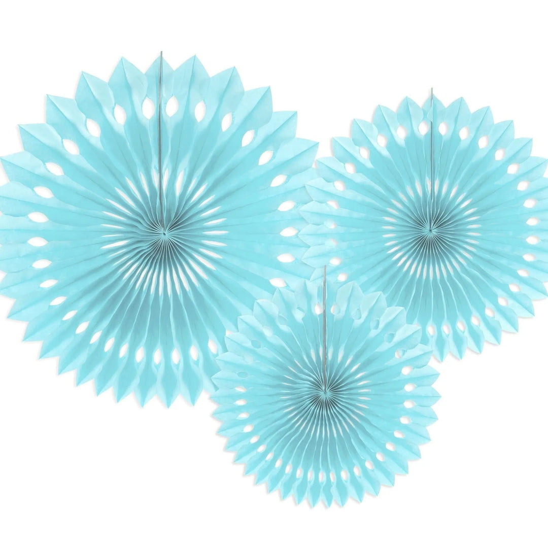 Blue Tissue Paper Rosettes - Blue Birthday Party Fan Decorations - Party Wall Decorations - Hanging Decorations - Pack Of 3 - Jolie Fete UK