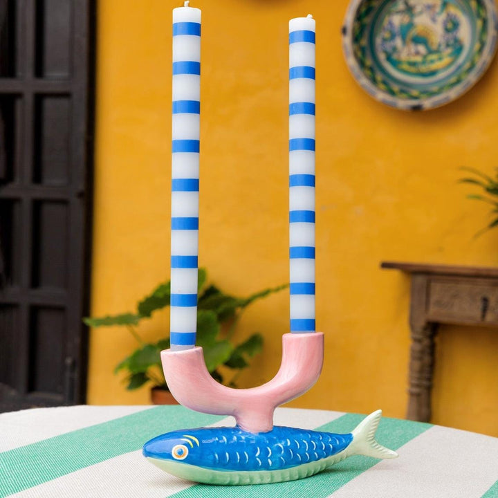 Blue & White Stripe Dinner Candle - Party Tableware - Nautical Coastal Table Setting - Striped Tall Candlestick - Jolie Fete UK
