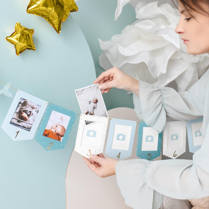 Blue & White Whale Picture Frame Garland - Monthly Baby Milestone Banner - Nautical First Birthday Decor - Ocean Theme Photo Display - Jolie Fete UK