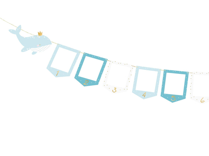 Blue & White Whale Picture Frame Garland - Monthly Baby Milestone Banner - Nautical First Birthday Decor - Ocean Theme Photo Display - Jolie Fete UK