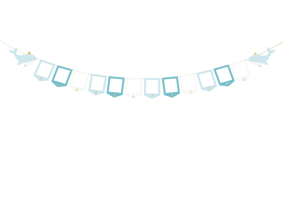 Blue & White Whale Picture Frame Garland - Monthly Baby Milestone Banner - Nautical First Birthday Decor - Ocean Theme Photo Display - Jolie Fete UK