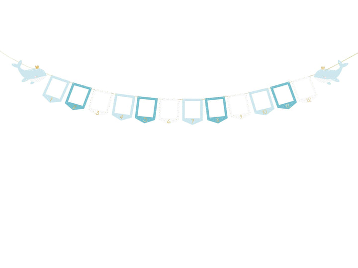 Blue & White Whale Picture Frame Garland - Monthly Baby Milestone Banner - Nautical First Birthday Decor - Ocean Theme Photo Display - Jolie Fete UK