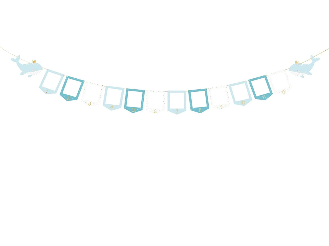 Blue & White Whale Picture Frame Garland - Monthly Baby Milestone Banner - Nautical First Birthday Decor - Ocean Theme Photo Display - Jolie Fete UK