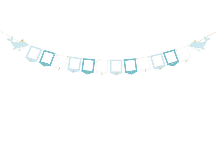 Blue & White Whale Picture Frame Garland - Monthly Baby Milestone Banner - Nautical First Birthday Decor - Ocean Theme Photo Display - Jolie Fete UK