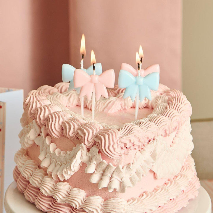 Bow Birthday Candles - Pink & Blue Vintage Bow Shape Cake Candles - Coquette Party Topper - Cute Pastel Wax Candles - Cake Toppers-Pack of 4 - Jolie Fete UK