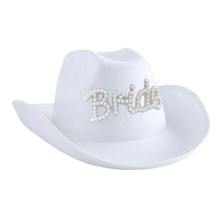 Bride Cowgirl Hat - White Pearl She’s Tying The Knot Hen Party Hat - Embellished Coastal Cowgirl Decor - Solid Bridal Rodeo Hat -Hootyballoo - Jolie Fete UK