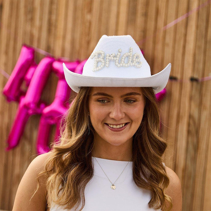 Bride Cowgirl Hat - White Pearl She’s Tying The Knot Hen Party Hat - Embellished Coastal Cowgirl Decor - Solid Bridal Rodeo Hat -Hootyballoo - Jolie Fete UK
