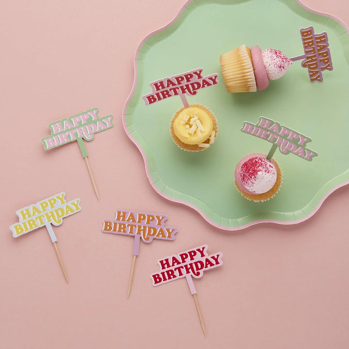 Bright Cake Toppers - Happy Birthday Cupcake Toppers - Colourful Birthday - Birthday Party Decorations - Rainbow Party Decor - Pack Of 12 - Jolie Fete UK