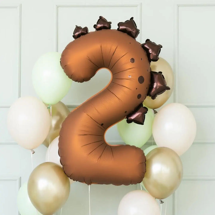 Brown Number 2 Dinosaur Foil Balloon - Large 92cm Stegosaurus Theme Birthday Decor - Two Rex Party Supplies - Second Birthday Photo Prop - Jolie Fete UK