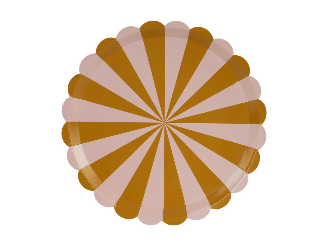 Brown Stripe Paper Plates - Scalloped Edge Party Plates - Neutral Teddy Bear 1st Birthday Tableware - Ochre & Cream Circus Theme - Pack of 6 - Jolie Fete UK