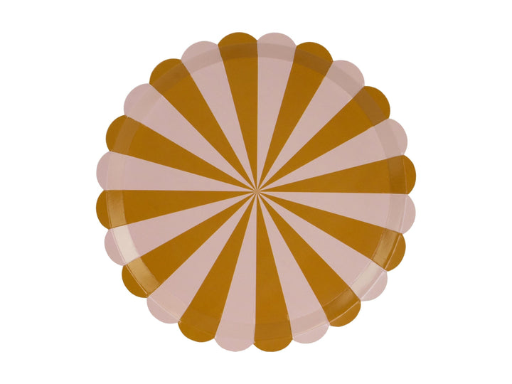 Brown Stripe Paper Plates - Scalloped Edge Party Plates - Neutral Teddy Bear 1st Birthday Tableware - Ochre & Cream Circus Theme - Pack of 6 - Jolie Fete UK