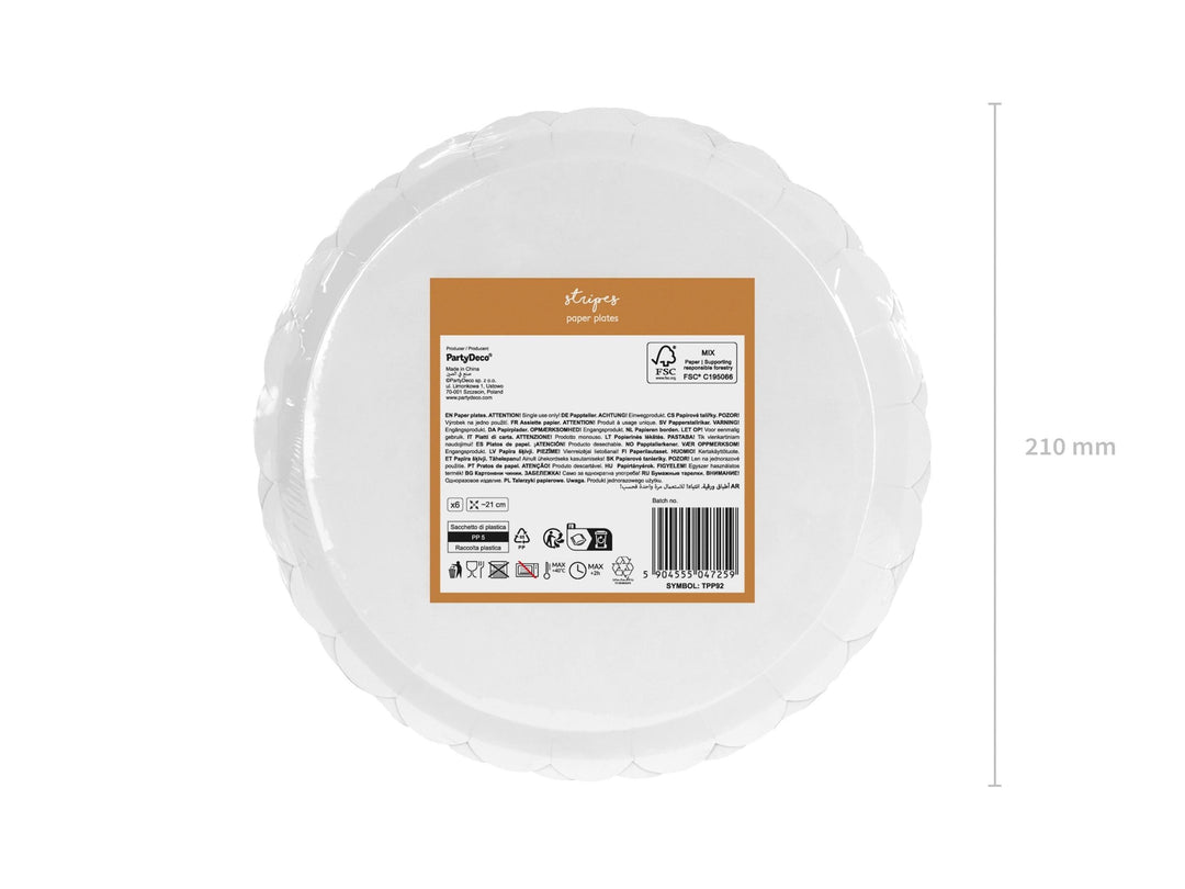 Brown Stripe Paper Plates - Scalloped Edge Party Plates - Neutral Teddy Bear 1st Birthday Tableware - Ochre & Cream Circus Theme - Pack of 6 - Jolie Fete UK