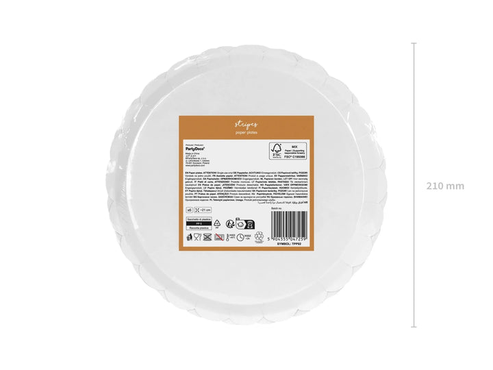 Brown Stripe Paper Plates - Scalloped Edge Party Plates - Neutral Teddy Bear 1st Birthday Tableware - Ochre & Cream Circus Theme - Pack of 6 - Jolie Fete UK