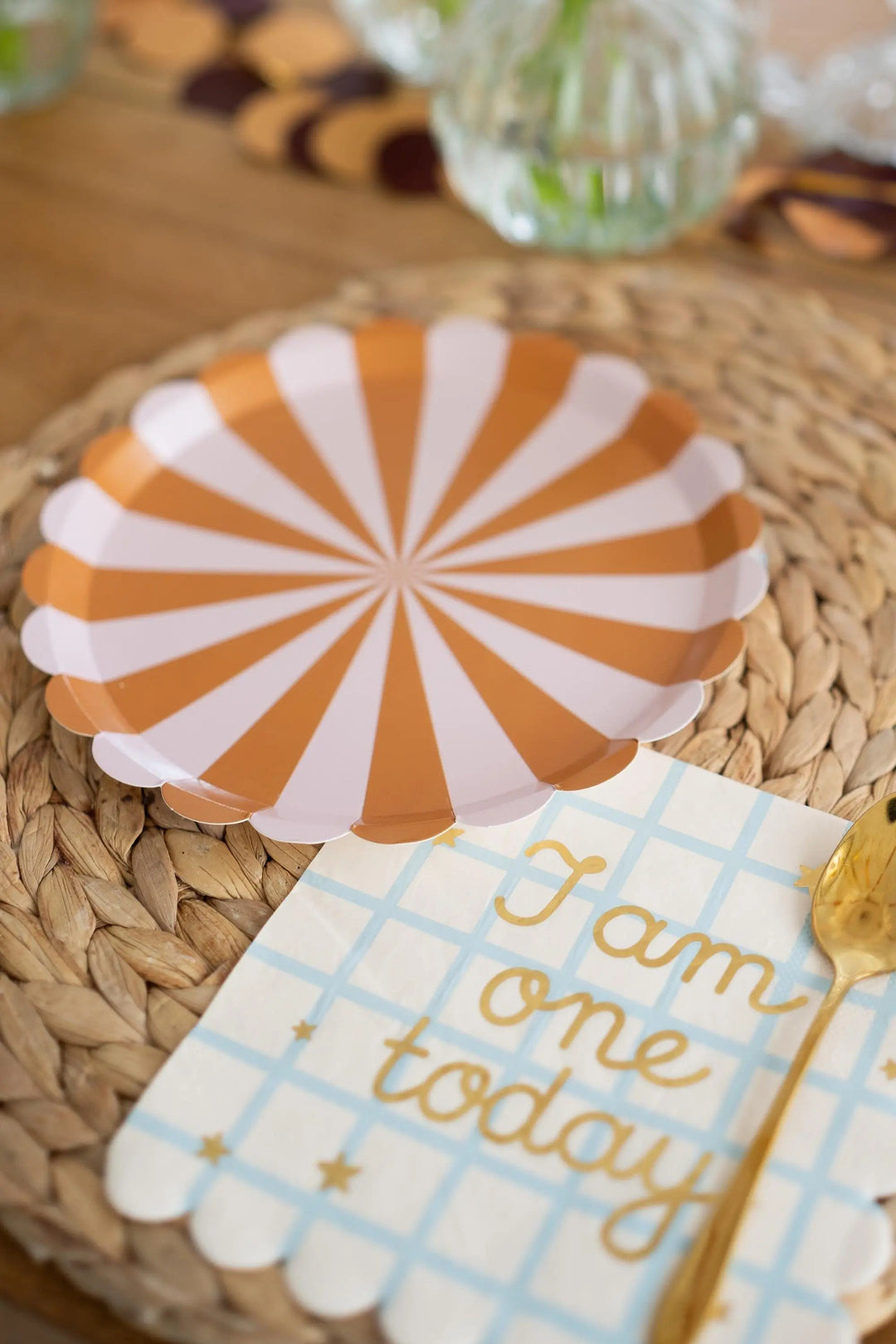 Brown Stripe Paper Plates - Scalloped Edge Party Plates - Neutral Teddy Bear 1st Birthday Tableware - Ochre & Cream Circus Theme - Pack of 6 - Jolie Fete UK