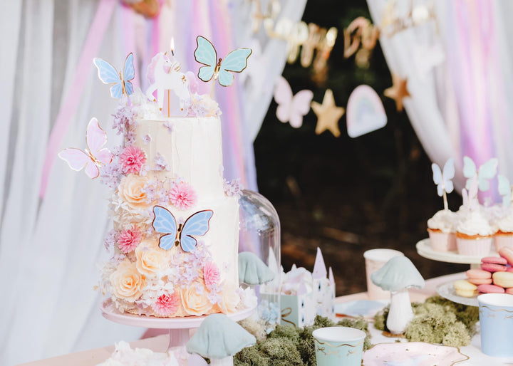 Butterfly Cake Toppers - Pastel Butterflies Cupcake Toppers With Gold Rim - Blue, Pink & Green -Unicorn Birthday Party Decorations-Pack Of 9 - Jolie Fete UK