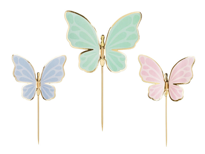 Butterfly Cake Toppers - Pastel Butterflies Cupcake Toppers With Gold Rim - Blue, Pink & Green -Unicorn Birthday Party Decorations-Pack Of 9 - Jolie Fete UK