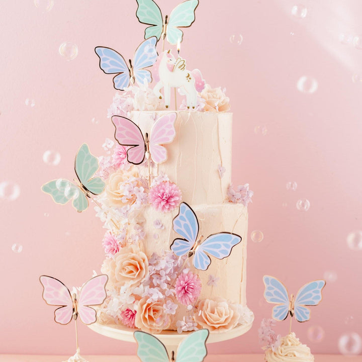 Butterfly Cake Toppers - Pastel Butterflies Cupcake Toppers With Gold Rim - Blue, Pink & Green -Unicorn Birthday Party Decorations-Pack Of 9 - Jolie Fete UK