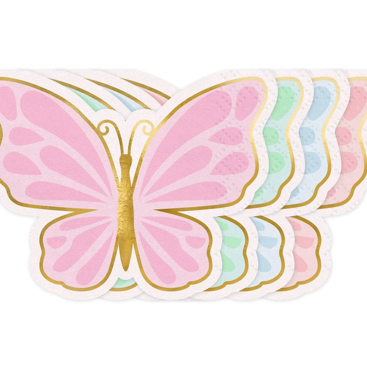 Butterfly Napkins - Pastel Butterflies Paper Napkins With Gold Rim - Blue, Pink & Green - Unicorn Birthday Party Decorations - Pack Of 12 - Jolie Fete UK