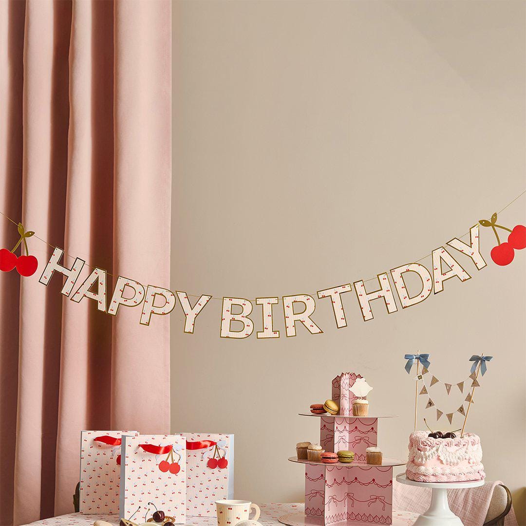 Cake Bunting Topper - Happy Birthday Banner Cake Topper - Vintage Pastel Pink & Blue Bow Garland - Gold Foil Lettering Flags-Rococo Cherries - Jolie Fete UK