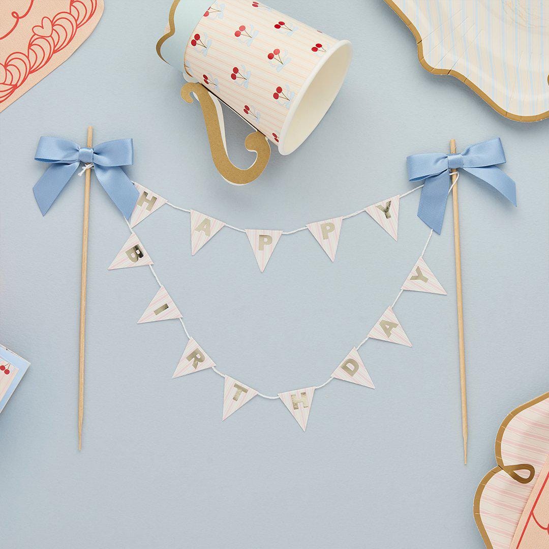 Cake Bunting Topper - Happy Birthday Banner Cake Topper - Vintage Pastel Pink & Blue Bow Garland - Gold Foil Lettering Flags-Rococo Cherries - Jolie Fete UK