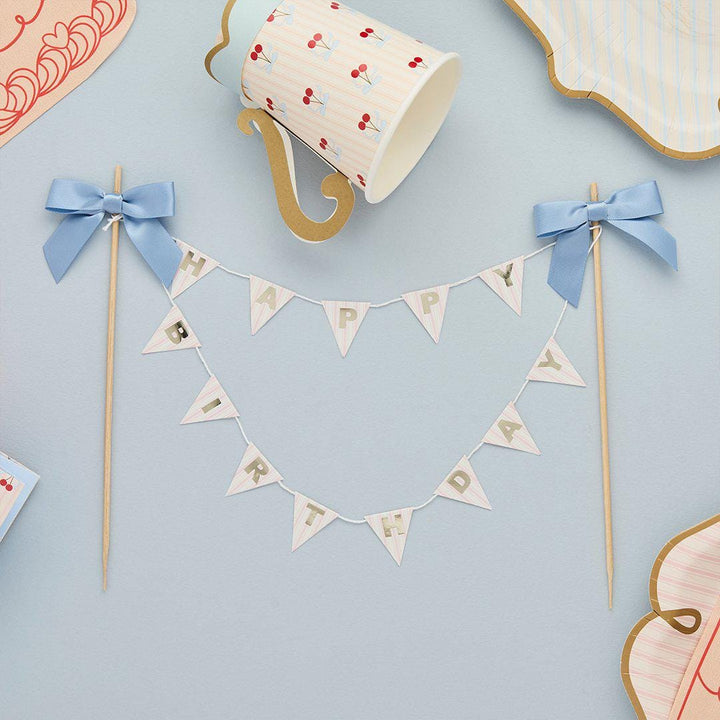 Cake Bunting Topper - Happy Birthday Banner Cake Topper - Vintage Pastel Pink & Blue Bow Garland - Gold Foil Lettering Flags-Rococo Cherries - Jolie Fete UK